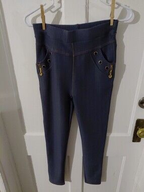 High-Waist Navy Blue Ponte Leggings with Gold Zip Details